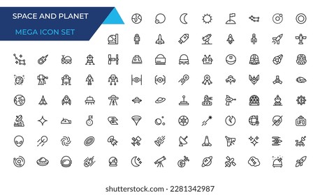 space and planet Vector Line Icons, thin line style.Contains such Icons as space, space travels, stars, exploration And Other Elements