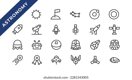 space and planet Vector Line Icons, thin line style.Contains such Icons as space, planet, alien, solar, astronaut, technology, space travels, stars, exploration And Other Elements