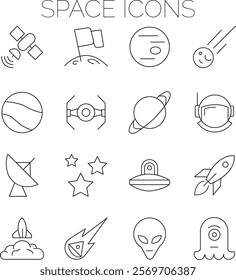 Space and planet Vector Line Icons, thin line style.