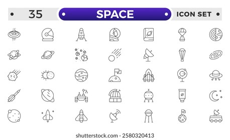 space and planet Vector Outline Icons, thin line style. Contains such Icons as space, planet, alien, solar, astronaut, technology, space travels, stars, exploration galaxy and universe.
