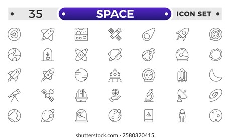 space and planet Vector Outline Icons, thin line style. Contains such Icons as space, planet, alien, solar, astronaut, technology, space travels, stars, exploration galaxy and universe.
