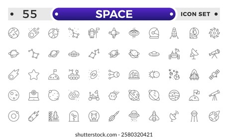 space and planet Vector Outline Icons, thin line style. Contains such Icons as space, planet, alien, solar, astronaut, technology, space travels, stars, exploration galaxy and universe.
