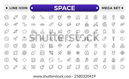 space and planet Vector Outline Icons, thin line style. Contains such Icons as space, planet, alien, solar, astronaut, technology, space travels, stars, exploration galaxy and universe.
