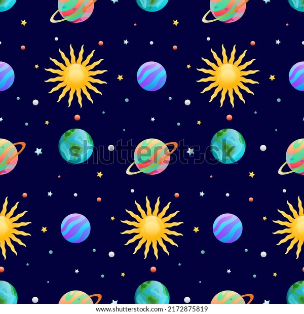 Space Planet Vector Seamless\
Pattern. Awesome for classic product design, fabric, backgrounds,\
invitations, packaging design projects. Surface pattern\
design.