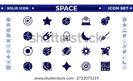 space and planet Vector solid Icons, thin line style. Contains such Icons as space, planet, alien, solar, astronaut, technology, space travel, stars, exploration galaxy, and universe.