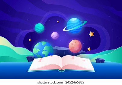 Space planet world book day background with planets, stars and book. Astronomy illustration concept for cover, poster and banner.