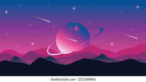 
space and planetary backgrounds. Planetary surface with mountains, stars and comets in dark space. Vector illustration. Space sky with planets