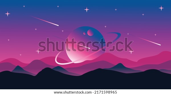\
space and planetary backgrounds. Planetary\
surface with mountains, stars and comets in dark space. Vector\
illustration. Space sky with\
planets