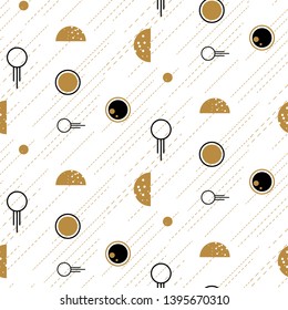 Space and planets abstract flat line style geometric seamless pattern art. Astrology theme vector texture.