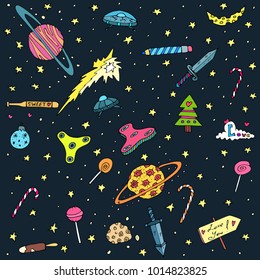 space and planets with aliens, cosmonauts, cosmic icons, hand drawn doodles over dark background