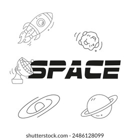 Space, planets and aliens line icons set. Planets, stars, asteroid, ufo, flying saucer, rocket, satellite and inscription. Aliens line illustration