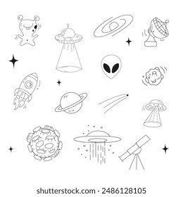 Space, planets and aliens line icons set. Planets, stars, asteroid, ufo, flying saucer, rocket, satellite and inscription. Aliens line illustration