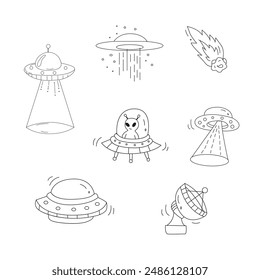 Space, planets and aliens line icons set. Planets, stars, asteroid, ufo, flying saucer, rocket, satellite and inscription. Aliens line illustration