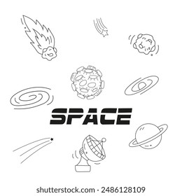 Space, planets and aliens line icons set. Planets, stars, asteroid, ufo, flying saucer, rocket, satellite and inscription. Aliens line illustration