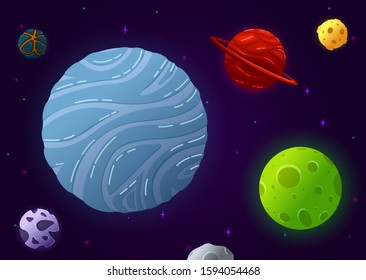 Space planets, asteroid, fantastic cosmic illustration. Collection of solar system planets.