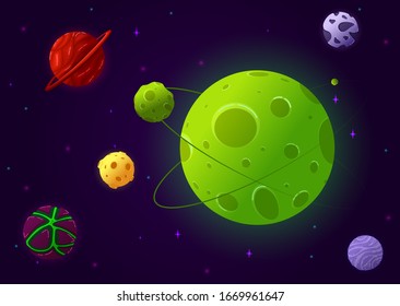 Space planets, asteroid, fantastic cosmic illustration. Collection of solar system planets.