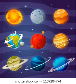 Space planets, asteroid, moon, fantastic cosmic illustration. Solar System planets isolated vector. Collection of  solar system planets. 