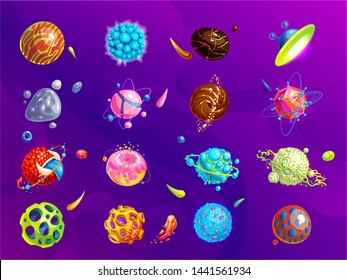 Space planets, asteroid, moon, fantastic world game vector cartoon icons. Color asteroid and planet, illustration fantastic universe cartoon planets. Fantasy colorful planets set. Cosmic collection