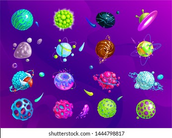 Space planets, asteroid, moon, fantastic world game vector cartoon icons. Color asteroid and planet, illustration fantastic universe cartoon planets. Fantasy colorful planets set. Cosmic collection