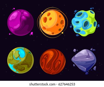 Space planets, asteroid, moon, fantastic world game vector cartoon icons. Color asteroid and planet, illustration fantastic universe with cartoon planets