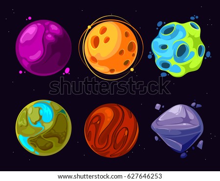 Space planets, asteroid, moon, fantastic world game vector cartoon icons. Color asteroid and planet, illustration fantastic universe with cartoon planets