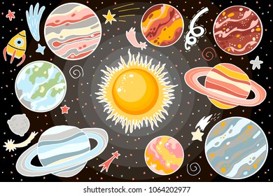 Space planets, asteroid vector cartoon icons. Color asteroid, stars and planet, illustration fantastic universe with cartoon planets