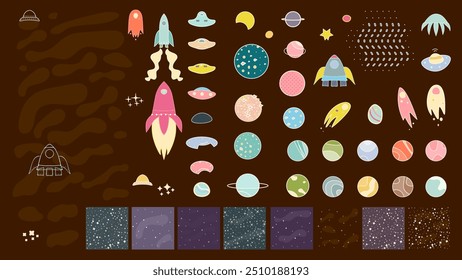 Espacio con planetas, asteroides, cometas, OVNI, estrellas, cohete de dibujos animados plano dibujado a mano conjunto de Ilustraciones vectoriales