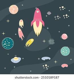 space with planets, asteroids, comets, ufo, stars , rocket cartoon flat hand-drawn vector illustration