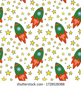 Space planets asteroids rocket ufo meteorite star night sky. Vector seamless pattern. Space travelling flight. Illustration in doodle style. For printing on paper fabric social media post web banner
