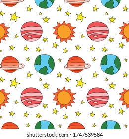Space planets asteroids rocket ufo meteorite star night sky. Vector seamless pattern. Space travelling flight. Illustration in doodle style. For printing on paper fabric social media post web banner

