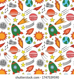 Space planets asteroids rocket ufo meteorite star night sky. Vector seamless pattern. Space travelling flight. Illustration in doodle style. For printing on paper fabric social media post web banner
