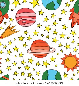Space planets asteroids rocket ufo meteorite star night sky. Vector seamless pattern. Space travelling flight. Illustration in doodle style. For printing on paper fabric social media post web banner
