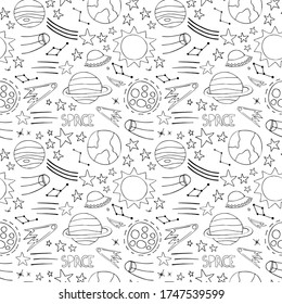 Los planetas espaciales asteroides cuelgan del cielo de la noche de la estrella del meteorito. Patrón veloz. Vuelo espacial. Ilustración al estilo doodle. Para imprimir en tela de papel, publicación en medios sociales banner web
