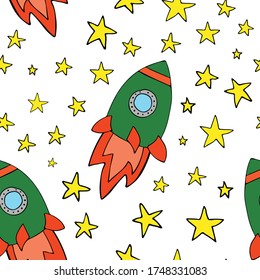 Los planetas espaciales asteroides cuelgan del cielo de la noche de la estrella del meteorito. Patrón veloz. Vuelo espacial. Ilustración al estilo doodle. Para imprimir en tela de papel, publicación en medios sociales banner web
