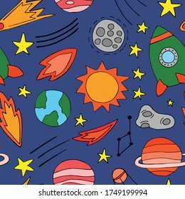 Space planets asteroids rocket ufo meteorite star night sky. Vector seamless pattern. Space travelling flight. Illustration in doodle style. For printing on paper fabric social media post web banner
