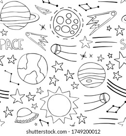 Space planets asteroids rocket ufo meteorite star night sky. Vector seamless pattern. Space travelling flight. Illustration in doodle style. For printing on paper fabric social media post web banner

