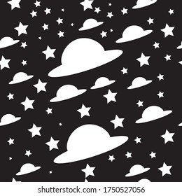 Space planets asteroids rocket ufo meteorite star night sky. Vector seamless pattern. Space travelling flight. Illustration in doodle style. For printing on paper fabric social media post web banner