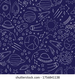 Weltraumplaneten Asteroiden Raketen aus dem meteoritären Sternenhimmel. Vektornahtloses Muster. Weltraumreisender Flug. Illustration im Doodle-Stil. Für den Druck auf Papier Social Media-Post-Web-Banner

