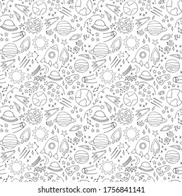 Space planets asteroids rocket ufo meteorite star night sky. Vector seamless pattern. Space travelling flight. Illustration in doodle style. For printing on paper fabric social media post web banner
