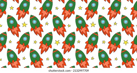 Space planets asteroids rocket ufo meteorite star night sky. Vector seamless pattern. Space travelling flight. Illustration in doodle style. For printing on paper fabric social media post web banner
