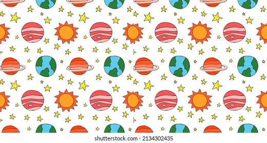Space planets asteroids rocket ufo meteorite star night sky. Vector seamless pattern. Space travelling flight. Illustration in doodle style. For printing on paper fabric social media post web banner
