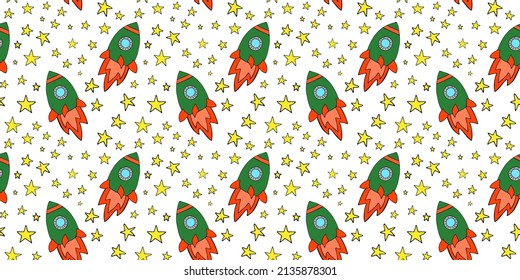 Space planets asteroids rocket ufo meteorite star night sky. Vector seamless pattern. Space travelling flight. Illustration in doodle style. For printing on paper fabric social media post web banner
