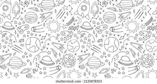 Space planets asteroids rocket ufo meteorite star night sky. Vector seamless pattern. Space travelling flight. Illustration in doodle style. For printing on paper fabric social media post web banner
