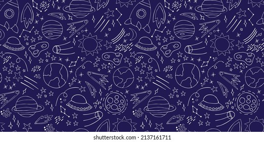 Space planets asteroids rocket ufo meteorite star night sky. Vector seamless pattern. Space travelling flight. Illustration in doodle style. For printing on paper fabric social media post web banner
