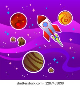 Space with planets, asteroids and rocket. Vector graphics.