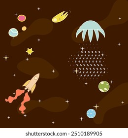 space with planets, asteroids,   stars , rocket cartoon flat hand-drawn vector illustration