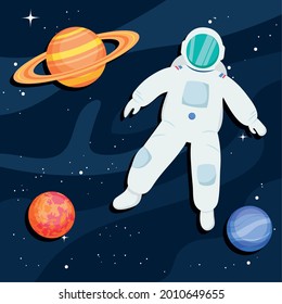 space with planets and astronaut