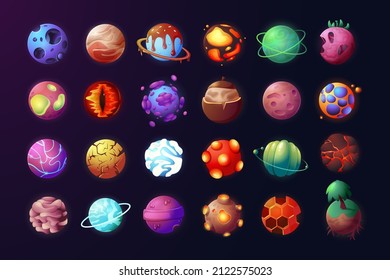 Space planets. Cartoon galaxy astronomical colorful objects, science fiction game interface elements. Vector set