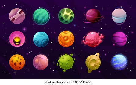 Space planets, cartoon galaxy universe fantasy, vector icons on sky background. Space game planets and flat satellites with meteor craters and orbit rings, exploration and alien spaceflight mission