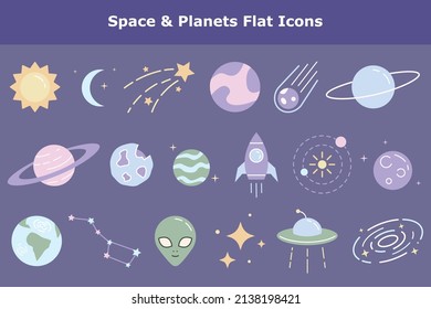 Space And Planets Cartoon Icons Set. Rocket, Solar System Model, Crescent Moon, Stars Colorful Childish Stickers Pack. Cute Children Style Symbols Collection